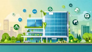 Conceptual illustration of a modern building with solar panels, surrounded by icons representing sustainability aspects, set against a futuristic cityscape symbolizing green building certifications.