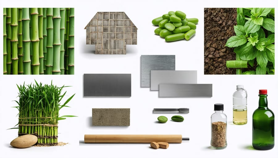 Eco-friendly construction materials collage including bamboo, recycled steel, and low-VOC products