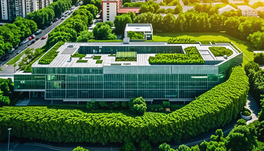 Aerial photograph of a green building that utilizes resilient technology in its design