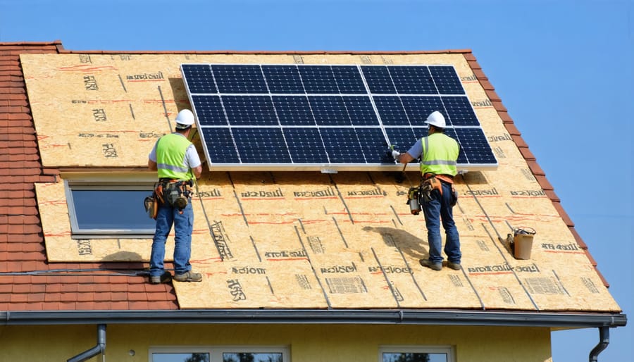 Green construction workers retrofitting a house with energy-efficient upgrades