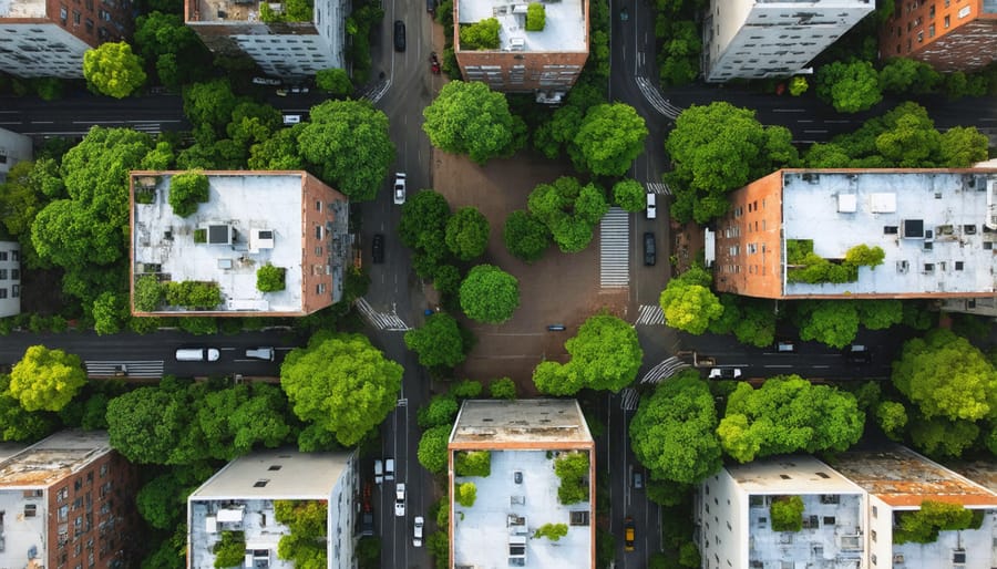 Sustainable urban design incorporating green roofs on multiple buildings