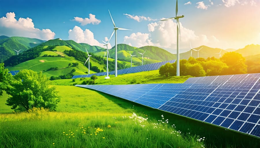 A picturesque landscape featuring solar panels and wind turbines generating clean energy against a clear sky, symbolizing the positive environmental impact and sustainability offered by renewable energy sources.