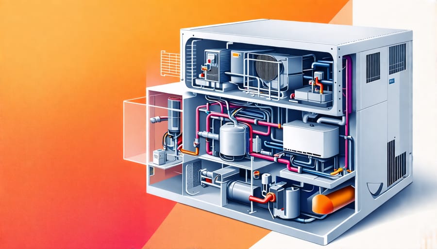 Diagram illustrating the inner workings of an energy-efficient heat pump system