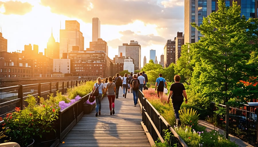 Visitors walking and relaxing on the High Line elevated park in New York City