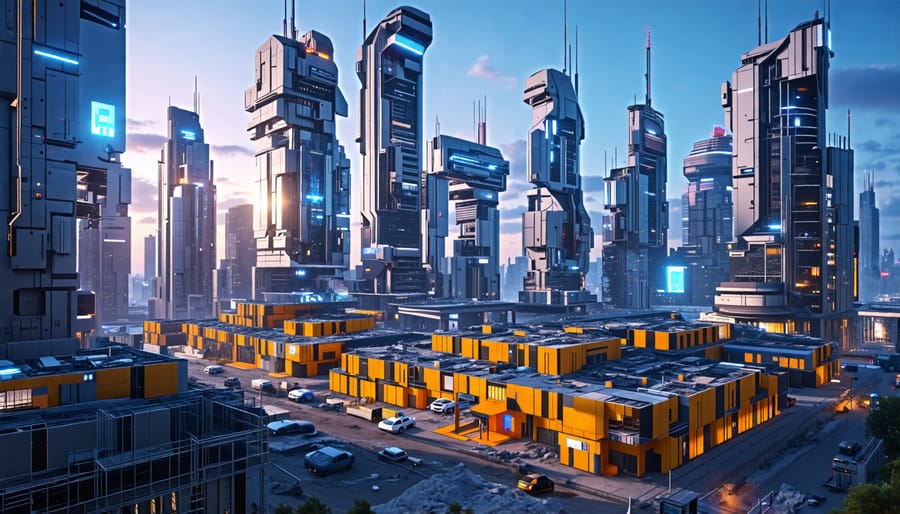 Composite image of a futuristic city under construction, highlighting the use of 3D printing, modular units, sustainable materials, robotics, and smart technologies.