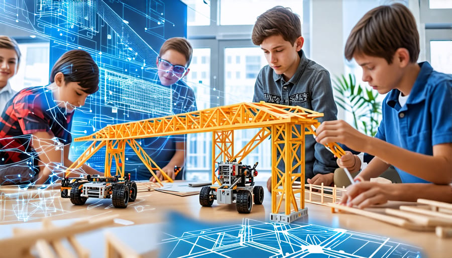 "Collage of students engaged in various engineering activities including building a popsicle stick bridge, working on virtual bridge simulations, and programming a LEGO robot, highlighting interactive and educational engineering games."