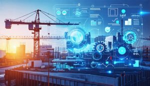 Conceptual illustration showcasing interconnected gears and digital timelines representing integrated risk management in construction projects.