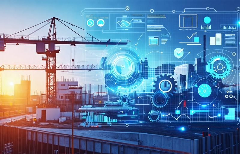 Conceptual illustration showcasing interconnected gears and digital timelines representing integrated risk management in construction projects.