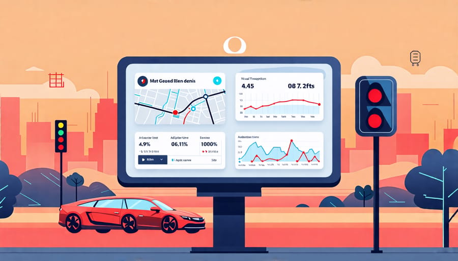 Visualization of a smart transportation network optimizing traffic flow and improving road safety