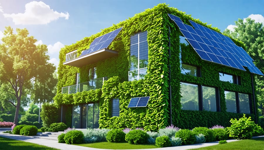 Sustainable construction example featuring a LEED-certified building with solar panels