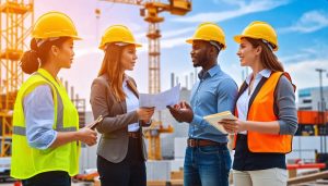 Diverse group of construction professionals, including architects and engineers, collaborating and discussing development strategies on a vibrant building site.