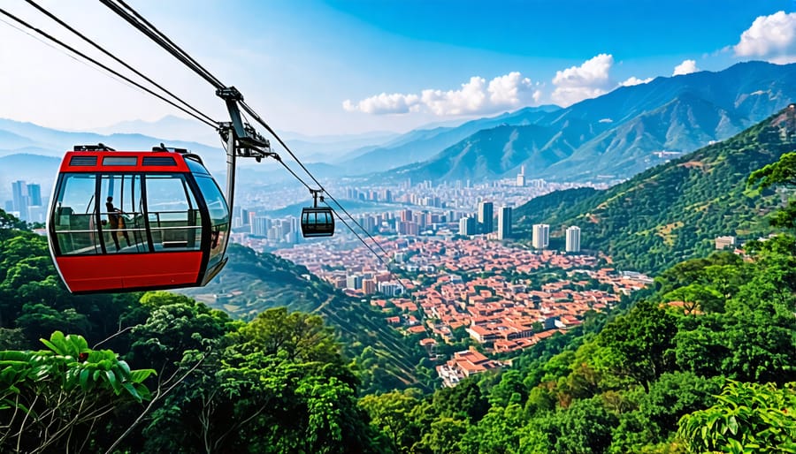 Metrocable cable cars transporting passengers above the city of Medellin