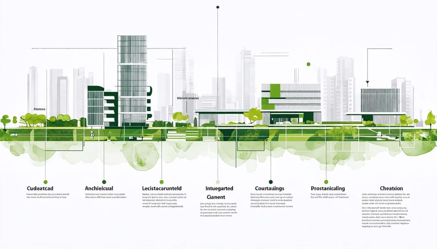 Illustration of modern buildings with green roofs and vertical gardens, demonstrating urban green infrastructure