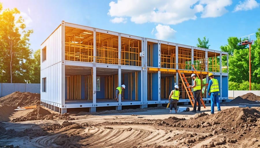 Illustration of the modular construction process with prefabricated components