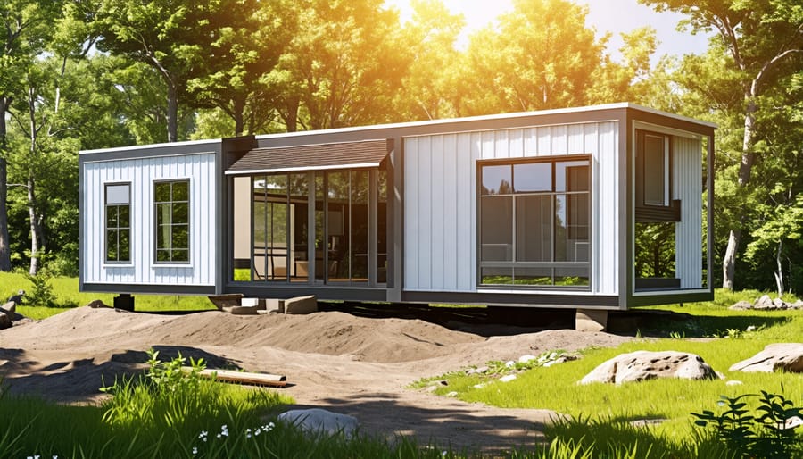 Construction workers assembling a modular home from factory-built modules