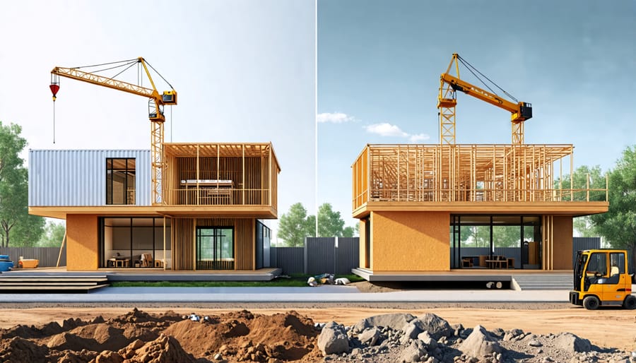 Conceptual illustration showing a comparison between modular home assembly using cranes at a construction site and various prefabricated home types like panelized and shipping container homes.