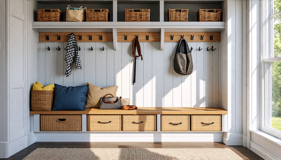 Finished custom mudroom bench with integrated storage