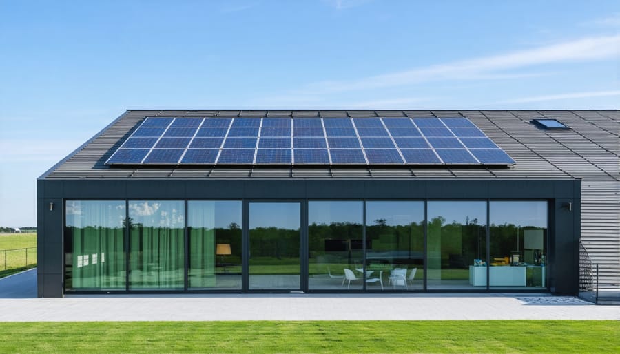 Net zero energy building with solar panels for on-site renewable energy generation