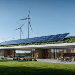 Modern net zero energy building with solar panels and sustainable landscape design