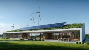 Modern net zero energy building with solar panels and sustainable landscape design