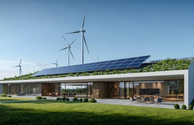 Modern net zero energy building with solar panels and sustainable landscape design