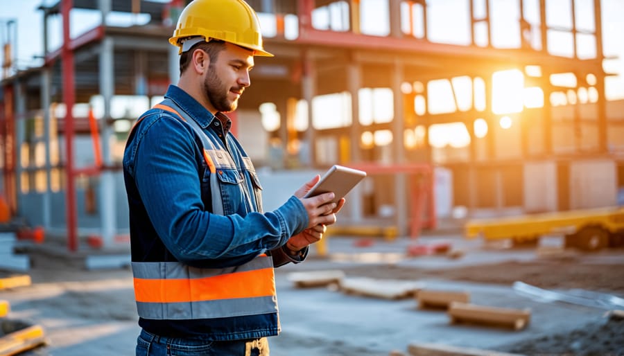 Construction worker accessing automated project management software on a tablet device