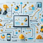 Conceptual graphic of an optimized construction supply chain, highlighting digital procurement tools, material flow, and interconnected logistics elements.