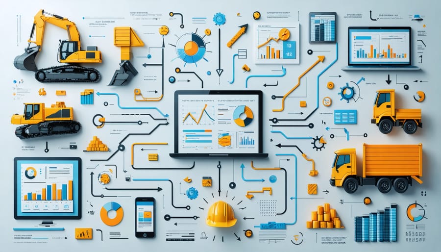 Conceptual graphic of an optimized construction supply chain, highlighting digital procurement tools, material flow, and interconnected logistics elements.