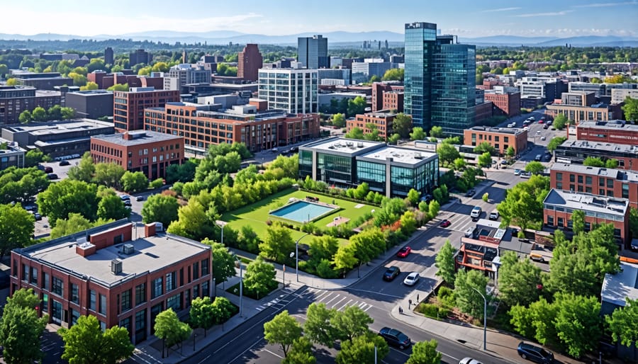 Aerial perspective of the thriving Pearl District neighborhood in Portland after urban revitalization