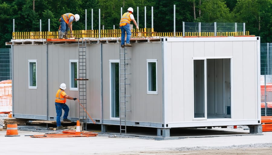 Construction workers assembling a prefabricated modular building on site, demonstrating sustainable construction methods