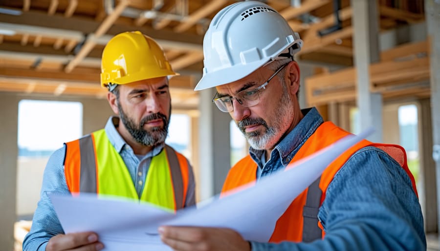 An architect and a construction worker analyzing building plans on a construction site