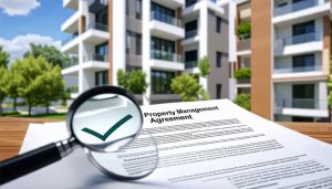 A property management agreement being reviewed on a desk, with a background showing a well-maintained residential building, symbolizing the importance of understanding crucial clauses in management contracts.