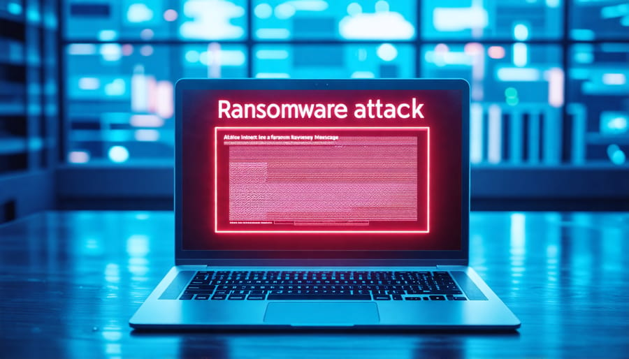 Simulated ransomware attack on a computer demanding payment