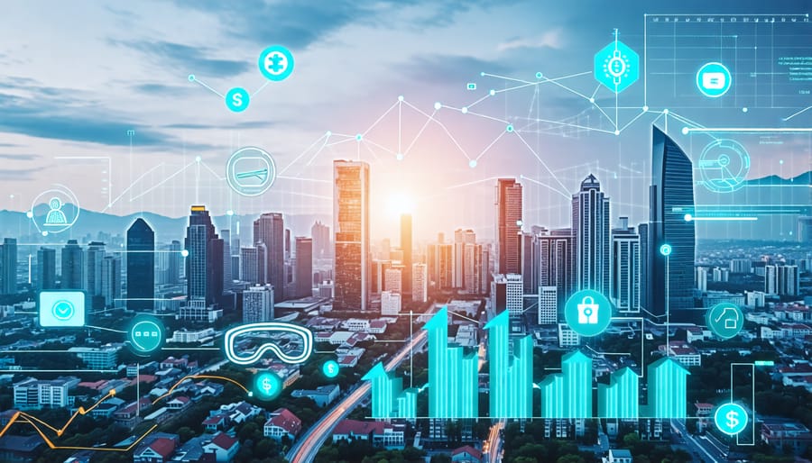 A conceptual image of a futuristic cityscape showcasing high-rises and suburban homes, integrated with technological symbols like AI, VR, and green materials, alongside economic elements like graphs and currency illustrating construction market trends.