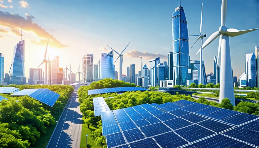 Illustration of a futuristic city skyline featuring buildings with solar panels, wind turbines, and green rooftops, representing renewable energy integration in construction.