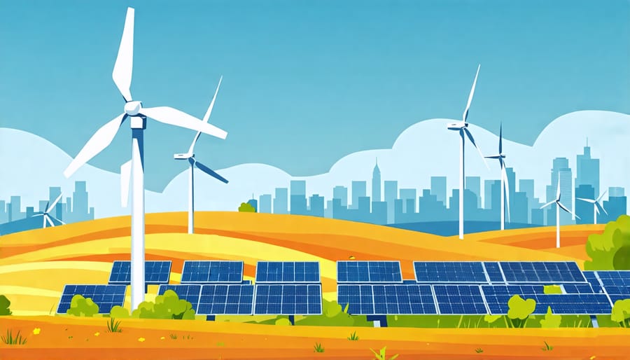 Renewable energy sources powering a city, representing the transition to clean energy