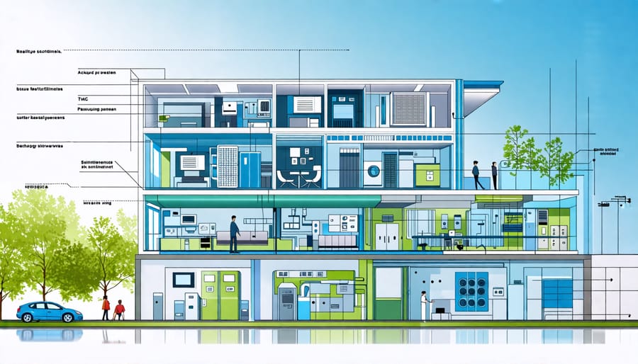 Illustration of integrated resilient building systems, including HVAC, backup power, and energy storage