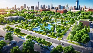 An aerial illustration depicting a cityscape with green roofs, lush parks, permeable pavements, and abundant tree canopies, showcasing the integration of urban green infrastructure into the urban environment.