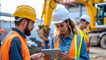 Diverse and modern construction team using technology and safety equipment on a job site, showcasing teamwork and productivity.