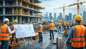 Construction site with workers in safety gear managing blueprints and equipment, symbolizing risk management in projects.