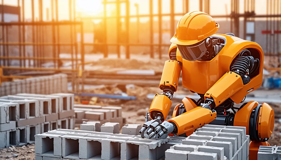 Construction robot laying bricks at a construction site, highlighting automation in construction