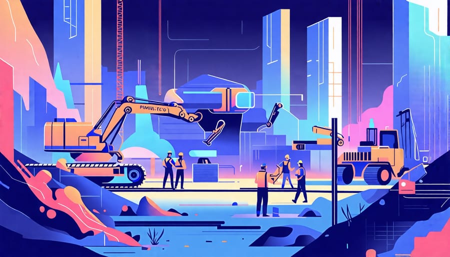 Conceptual illustration of a construction site with robots and automation