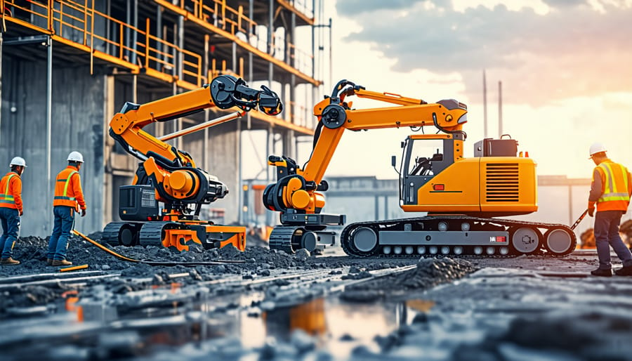 Robotic machinery being used by workers on a construction site for automation