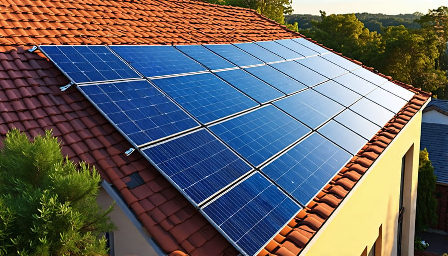 Aerial view of solar thermal collectors installed on a house roof for water heating