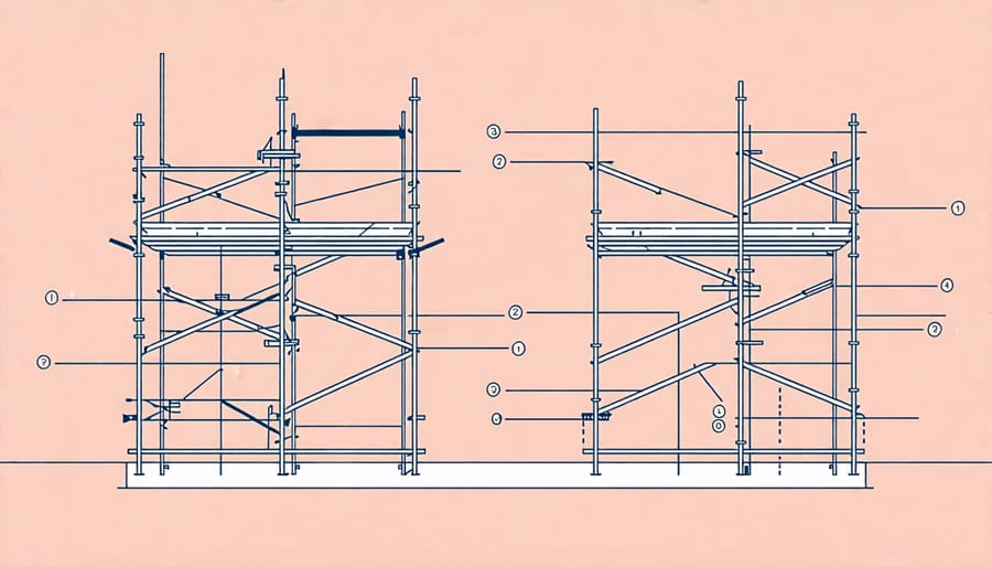 Schematic of OSHA-compliant scaffolding with guard rails, stable footing, and safe access points