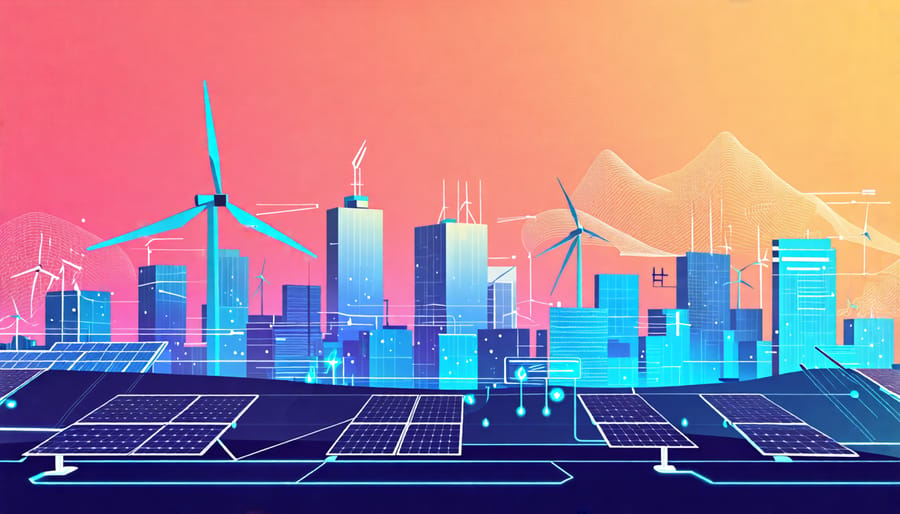 Illustration of a smart city powered by renewable energy sources and connected by a smart grid