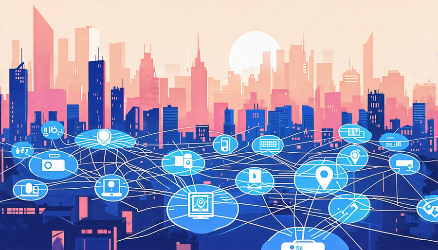 Illustration of a smart city with interconnected sensors and IoT devices