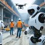 A futuristic construction site featuring drones, robotic machines, and workers using smart wearable technology to show the integration of advanced tools in modern construction.