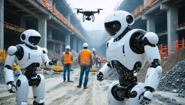 A futuristic construction site featuring drones, robotic machines, and workers using smart wearable technology to show the integration of advanced tools in modern construction.