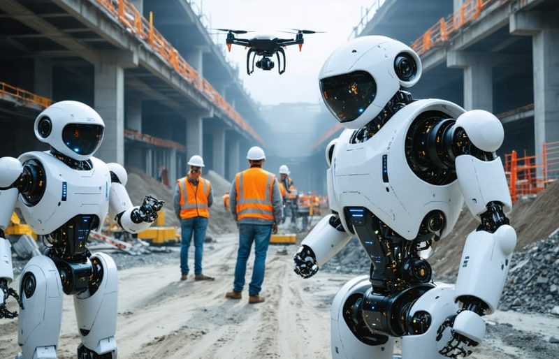 A futuristic construction site featuring drones, robotic machines, and workers using smart wearable technology to show the integration of advanced tools in modern construction.